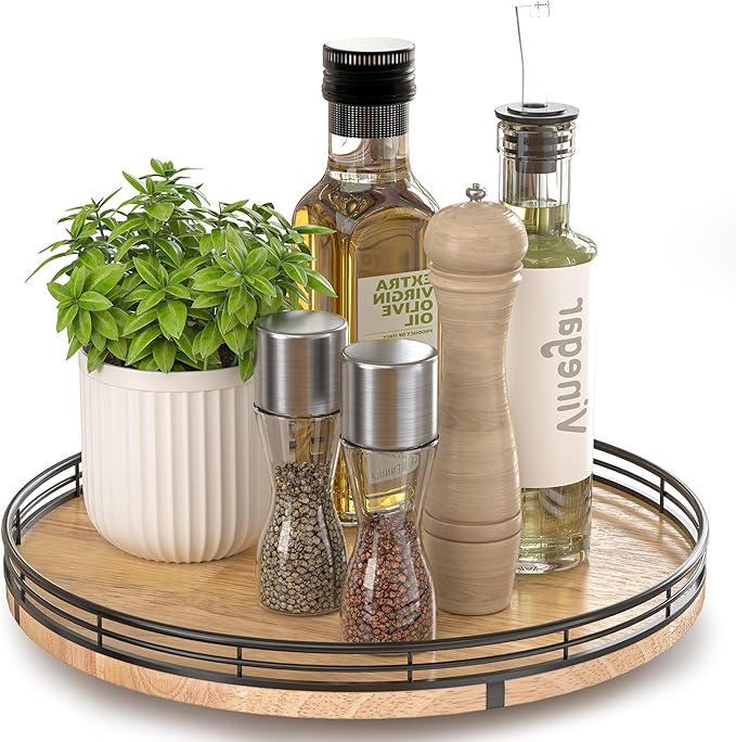 12" Lazy Susan Oak Wood Turntable Organizer for Cabinet, Farmhouse Round Wooden Lazy Susan Organization and Storage for Dining Table, Pantry, Kitchen, Bathroom, Countertop, Cupboard, Home Decor-HomvellaHome
