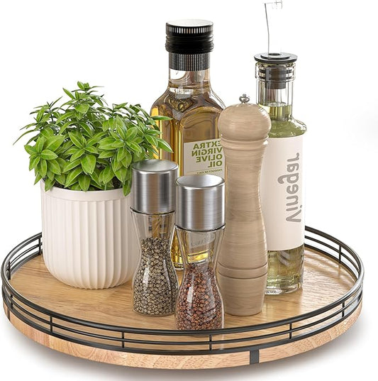 12" Lazy Susan Oak Wood Turntable Organizer for Cabinet, Farmhouse Round Wooden Lazy Susan Organization and Storage for Dining Table, Pantry, Kitchen, Bathroom, Countertop, Cupboard, Home Decor-HomvellaHome