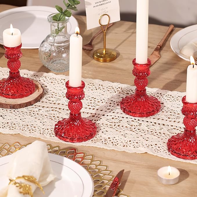 12Pcs Red Candlestick Holders Set- 4" H Taper Candle Holders Bulk, Glass Candle Holders for Activities, Party, Romantic Dinner Table Centerpieces, Festival Gifts & Windowsill Decor-HomvellaHome