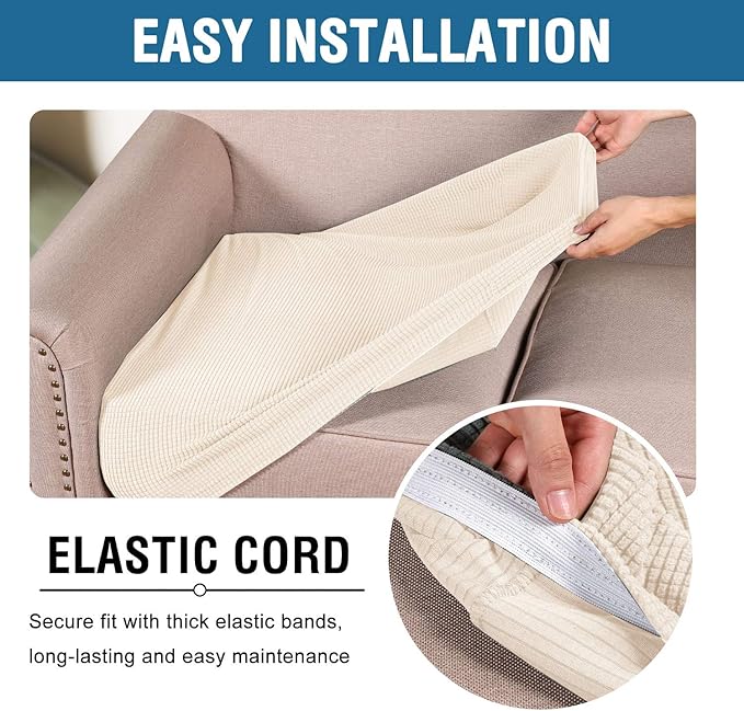 H.VERSAILTEX Super Stretch Individual Seat Cushion Cover Sofa Covers Couch Cushion Covers Slipcover Sets Thick Jacquard Textured Twill Fabric (3 Piece Sofa Cushion Covers, Natural)-HomvellaHome