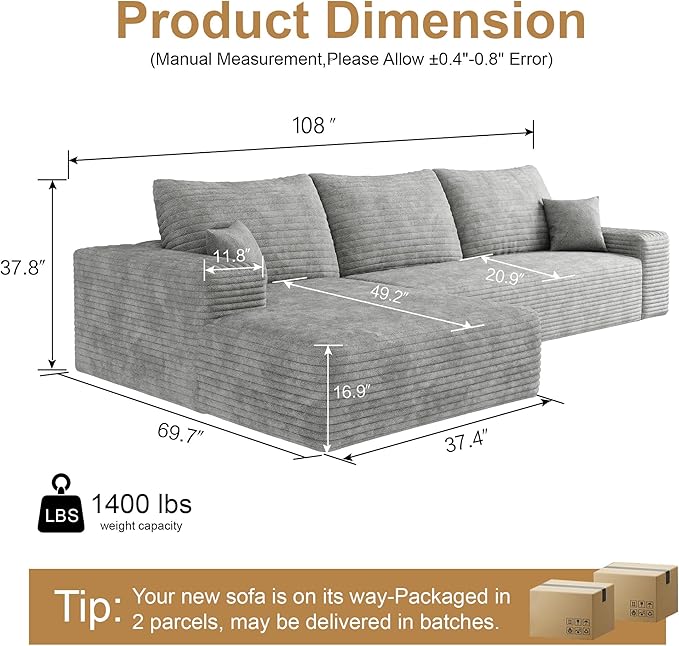 108" Sectional Couches for Living Room Modern Modular Sofa with L-Shape Couchs Upholstered Boneless Couch Deep Seat Sectional Couch with Chaise (Grey, Left Facing Chaise+2Seaters)-HomvellaHome