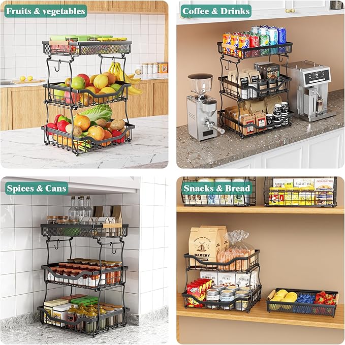 Giwil 3 Tier Countertop Fruit Mesh Basket for Kitchen, Vegetable Storage Bread Fruit Bowl Stand with 2 Banana Hooks, Wall Mounted Metal Wire Basket Organizer for Potato Onion, Black-HomvellaHome