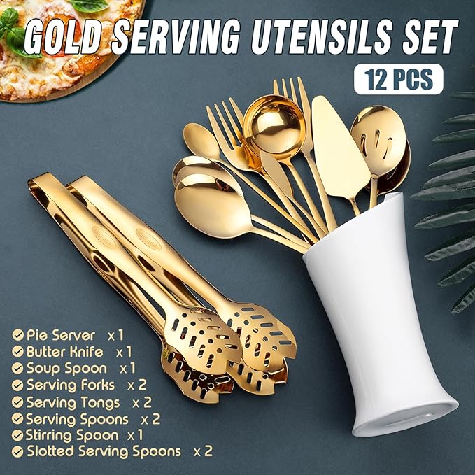 Gold Serving Utensils, OGORI 12-Piece Stainless Steel Serving Utensils Include Serving Spoons, Slotted Spoons, Serving Tongs, Serving Forks, Butter Knife, Stirring Spoon, Soup Ladle, Pie Server-HomvellaHome