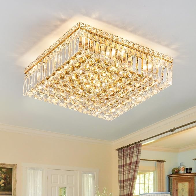 12-Lights Gold Crystal Flush Mount Ceiling Light Fixtures,Elegant Crystal Chandelier Pendant Ceiling Lamp for Bedroom,Living Room,Dining Room,Hallway H5.9 x W20 x L20 (Bulb Not Included) Square-HomvellaHome