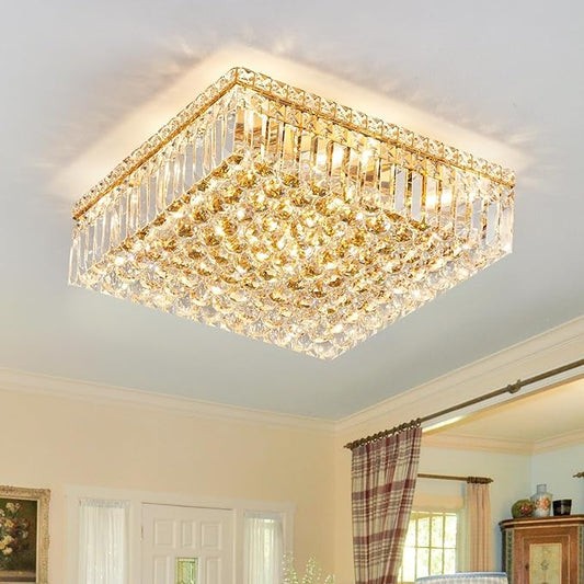12-Lights Gold Crystal Flush Mount Ceiling Light Fixtures,Elegant Crystal Chandelier Pendant Ceiling Lamp for Bedroom,Living Room,Dining Room,Hallway H5.9 x W20 x L20 (Bulb Not Included) Square-HomvellaHome