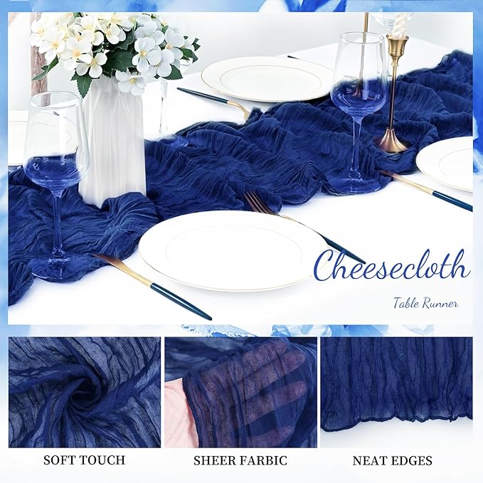 10FT 12 Pack Royal Blue Cheesecloth Table Runner 20 x 120 Inch Long Rustic Gauze Cheese Cloth Table Runner for Wedding Bridal Baby Shower Table Decorations Boho Fabric Sheer Birthday Party Table Decor-HomvellaHome
