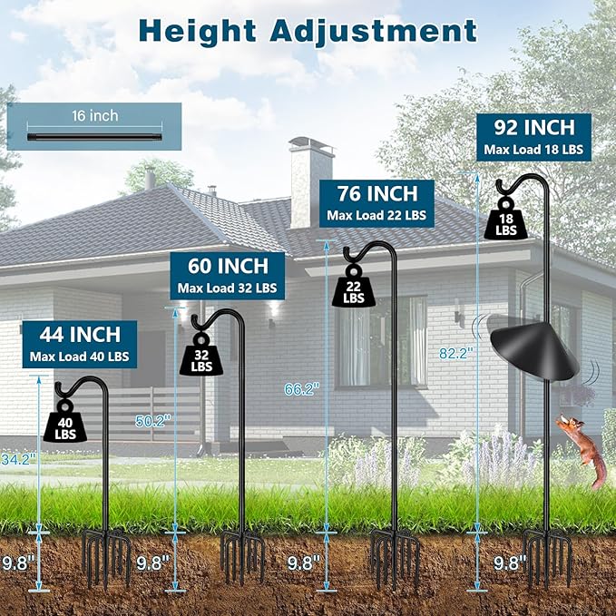 Gtongoko Bird Feeder Pole Squirrel Proof 92 Inch Shepherds Hook for Outdoor with Squirrel Baffles Adjustable Heavy Duty with 7 Prongs Base for Hanging Plants, Bird Feeders, Black-HomvellaHome