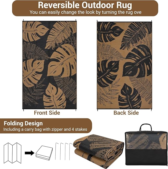 GAOMON Outdoor Patio Rug 9x18 Waterproof Outdoor Plastic Straw Rug Reversible Camping Mat, Foldable Portable RV Picnic Carpet with Bag & 4 Stakes, UV Resistant Outside Carpet for Deck Balcony, Brown-HomvellaHome