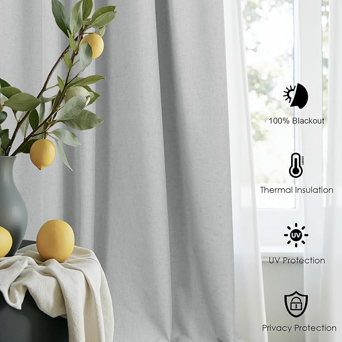 100 Percent Blackout Sliding Glass Door Curtains 120 Inches Long 2 Panels 10 FT Theater Floor to Ceiling Drape Linen Cotton Textured Luxury Curtains Farmhouse Black Out Light Grey Gray White Back Tab-HomvellaHome