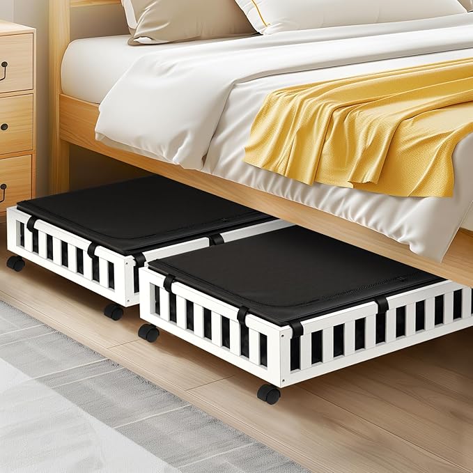 2 Pack Bamboo Under Bed Storage with Wheels, 39”x20”x7.8” Lager Under Bed Storage Containers (White)-HomvellaHome