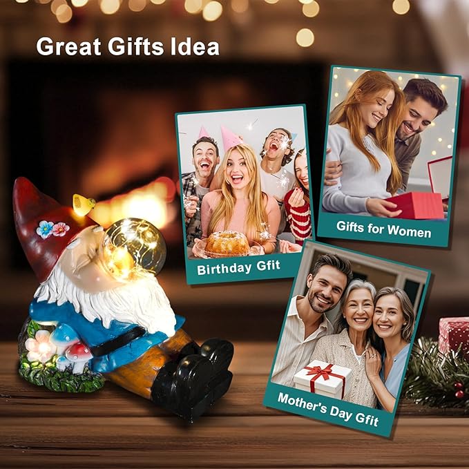 Gnome Solar Garden Statue with LED Light - Waterproof Outdoor Decoration for Terrace, Courtyard & Lawn for Moms & Women-HomvellaHome