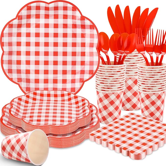 175 Pcs Red Gingham Plates and Napkins Party Supplies - Red and White Checkered Plates Sets Serve 25 Guests - Scalloped Gingham Paper Plate for Birthday Picnic BBQ Christmas Party Decorations-HomvellaHome