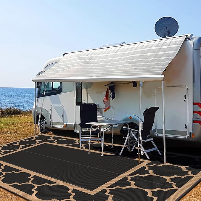 GENIMO 10 ' x 14 ' Outdoor Rug Waterproof for Patio Decor, Foldable Reversible Plastic Straw Area Rugs Mat for Camper, Outside Carpet for Rv, Deck, Porch, Picnic, Beach, Balcony, Black & Brown-HomvellaHome