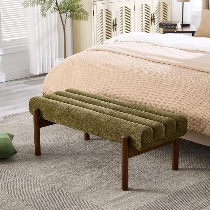 Green Upholstered Bench Modern End of Bed Bench Chenille Fabric Bedroom Bench for Entryway Living Room Vanity Makeup Room, 47" Long, Wooden Legs-HomvellaHome