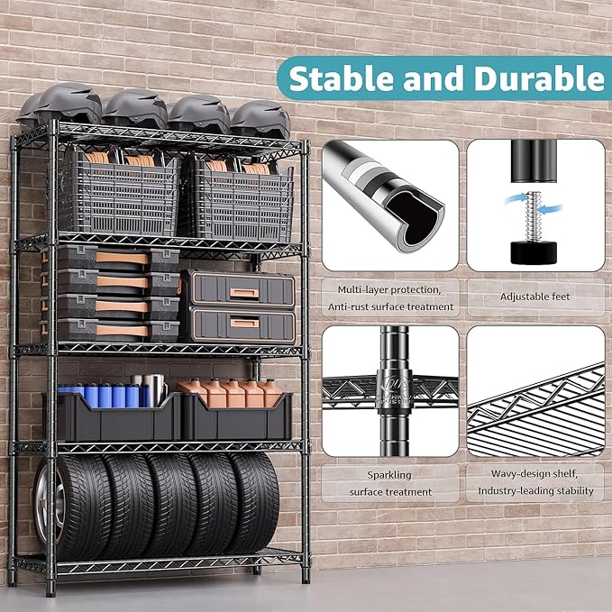1750 lbs Steel Storage Shelving 5-Tier Utility Shelving Unit Steel Organizer Wire Rack for Home,Kitchen,Office,Garage, 1750 LBS Capacity 17.7" D x 47.2" W x 72.3" H-HomvellaHome