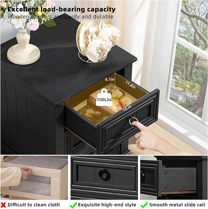 18" Farmhouse Night Stand with 3 Drawers, Wood End Table Dresser for Bedroom, Black Nightstand, Bed Side Table with Metal Handle, Bedside Cabinet for Bedroom Living Room, Closet-HomvellaHome