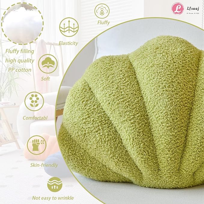 Green Seashell Throw Pillows, Shell Shaped Throw Pillows, 13 Inch Soft Home Decorative Pillow Plush Cushion for Bed Couch Living Sofa Room Decor Accent Throw Pillow-HomvellaHome