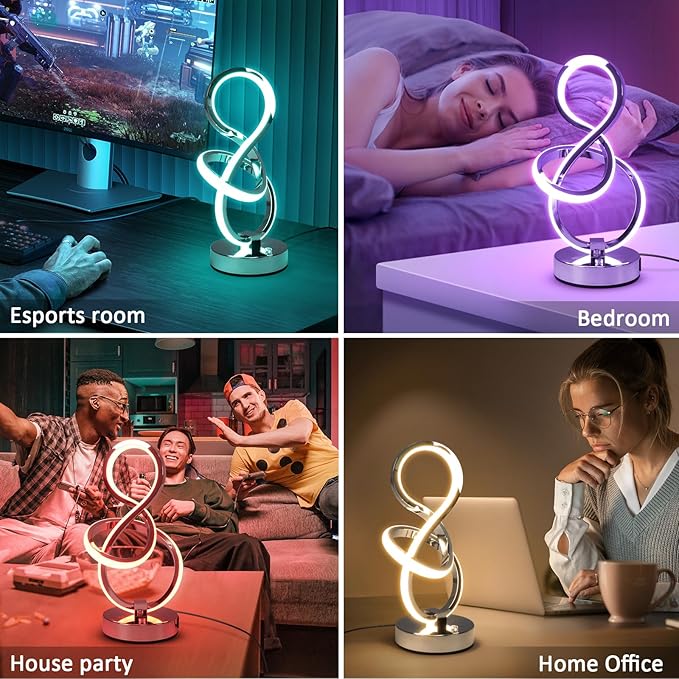 Modern Spiral Table Lamp, 7 Colors 10 Light Modes LED Nightstand Small Lamp with USB C+A Ports, Touch Dimmable Lamps for Living Room Bedroom Bedside, Unique & Cool Lamps,Silver-HomvellaHome