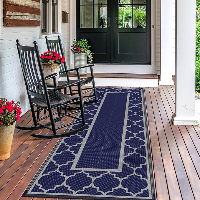 GENIMO 2.5 ' x 8 ' Outdoor Rug for Porch Patio Clearance, Waterproof Indoor Outdoor Plastic Straw Rugs Carpet, Reversible Outside Area Rv Mat for Camping, Balcony, Deck, Picnic, Beach (Blue & Gray)-HomvellaHome