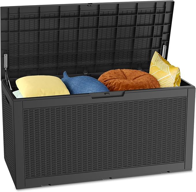 100 Gallon Outdoor Storage Box Waterproof Lockable Resin Deck Box Large, Patio Storage Bin for Pool Accessories Cushion Furniture, Garden Tools, UV-Resistant Outside Delivery Black-HomvellaHome