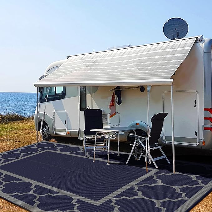 GENIMO 10 ' x 14 ' Outdoor Rug Waterproof for Patio Decor, Foldable Reversible Plastic Straw Area Rugs Mat for Camper, Outside Carpet for Rv, Deck, Porch, Picnic, Beach, Balcony, Blue & Grey-HomvellaHome