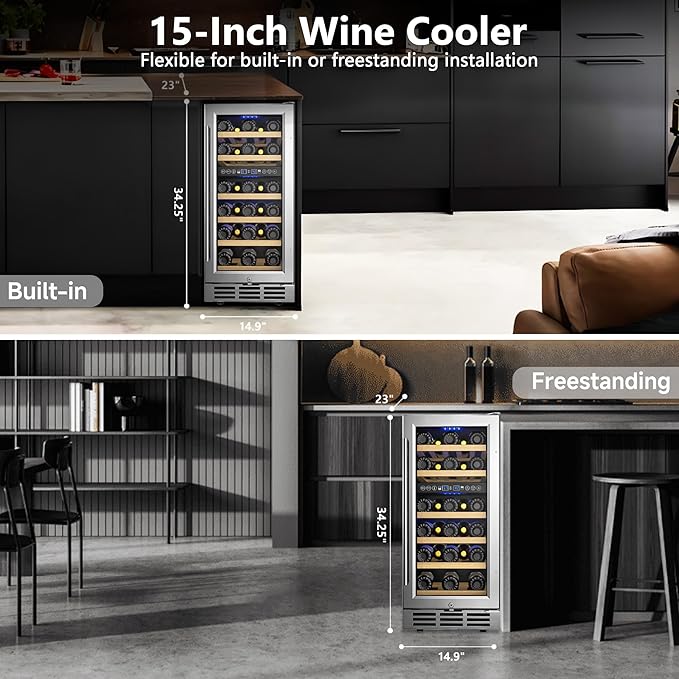 15 Inch Dual Zone Wine Refrigerator, 29 Bottle Under Counter Wine Fridge, Wine Refrigerator for Built-In or Freestanding, Wine Cooler with Removable Shelves, Double-Layer Glass Door, for Home-HomvellaHome