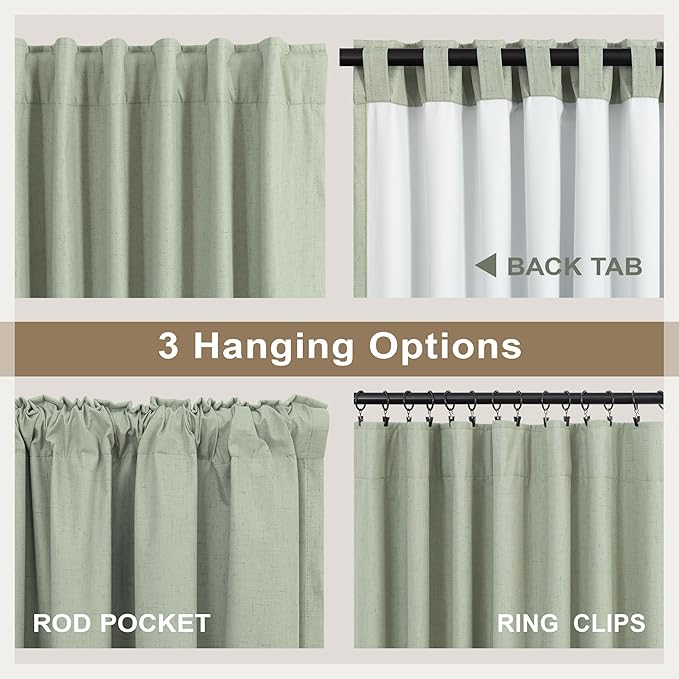Green Country Kitchen Curtains 45 Inch Length Short Small Basement Window Blackout Cooling Curtains for Summer Heat Linen Cafe Bathroom Classroom Dorm RV Camper Sage Green Drapes with White Backing-HomvellaHome