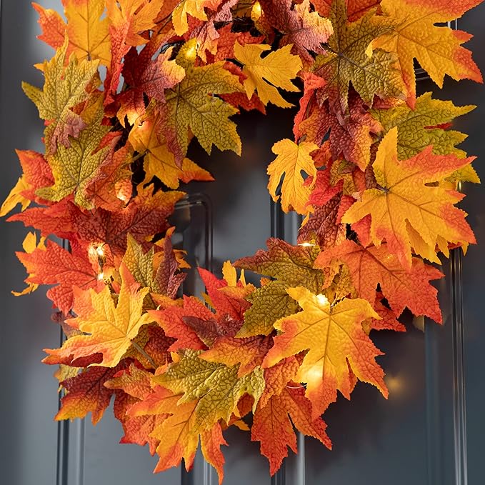 Glitzhome 24 Inch Pre-lit Fall Wreath, Autumn Wreath for Front Door, Lighted Maple Leaves Wreaths with Timer for Thanksgiving Halloween Christmas Wall Front Porch Home Decoration-HomvellaHome