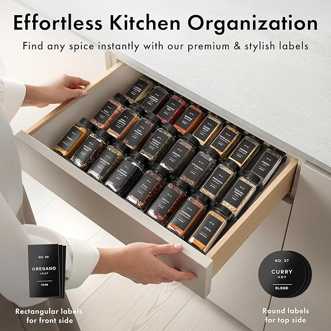 Glass Spice Jars with Label and Stainless Steel Lids (24 x 4oz) Spice Containers with 240 Labels, Shaker Inserts, Steel Funnel, Empty Square Empty Square Seasoning Organizer (Black)-HomvellaHome