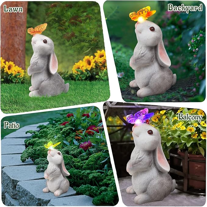 Garden Statue Outdoor Decor-Rabbit with Solar Butterfly Changing Lights Garden Statues,Bunny Statue for Patio,Balcony,Yard,Lawn Ornament,Gardening Gifts for Mom Grandma-HomvellaHome