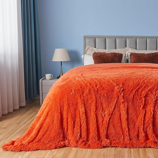 GONAAP Fuzzy Faux Fur Throw Blanket Queen Size Orange Super Soft Cozy Plush Fuzzy Shaggy Blanket for Couch Sofa Bed (Orange, Queen(90"x90"))-HomvellaHome