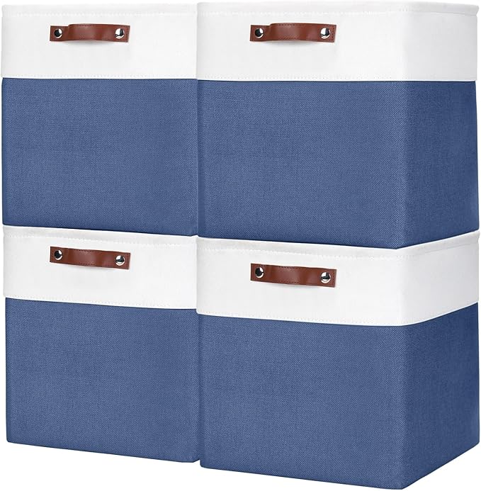 13x13 Cube Storage Bins, Collapsible Fabric Storage Box, 4 Pack Closet Baskets with Handles for Organizing, Shelf, Toys, Clothes, Home, Office, Nursery (NavyBlue&White)-HomvellaHome