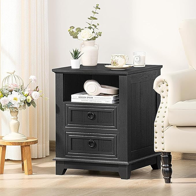 18" Night Stands Set of 2 with Charging Station, Farmhouse 2 & 3 Drawers End Table Dresser for Bedroom, Black Wooden Nightstand, Bed Side Table with Open Shelf, Bedside Cabinet for Living Room-HomvellaHome