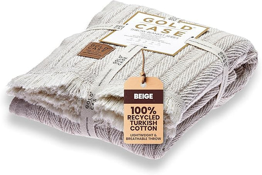 Gold Case Throw Blanket for Couch – 100% Recycled Turkish Cotton Blankets & Throws – Elegant Decorative Throw Blankets for Living Room Sofa – Woven Throws for Couch – Vintage Beige – 60x80-HomvellaHome
