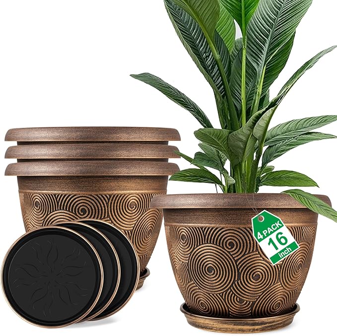 16 Inch Large Planter Pot for Plants Indoor Outdoor, 4 Pack Plastic Flower Pots with Drainage Hole & Tray, Modern Decorative Garden Pot with Saucer, Plant Container for House-HomvellaHome