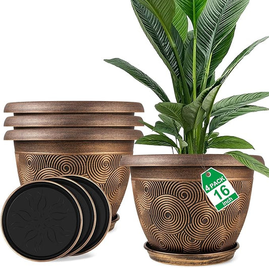 16 Inch Large Planter Pot for Plants Indoor Outdoor, 4 Pack Plastic Flower Pots with Drainage Hole & Tray, Modern Decorative Garden Pot with Saucer, Plant Container for House-HomvellaHome