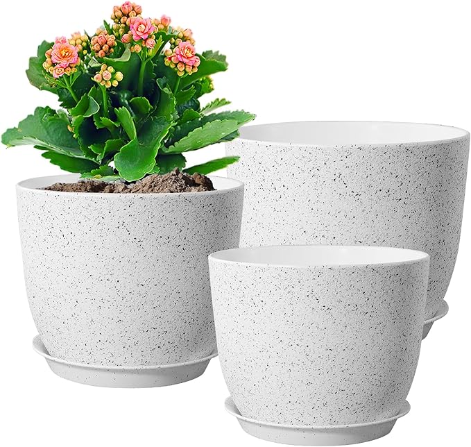 10/9/8 inch Medium Plant Pots, Set of 3 Modern Decorative Plastic Planters with Drainage Holes and Saucers for Garden House Plants, Flower Pots for Indoor Outdoor Plants, Speckled White-HomvellaHome