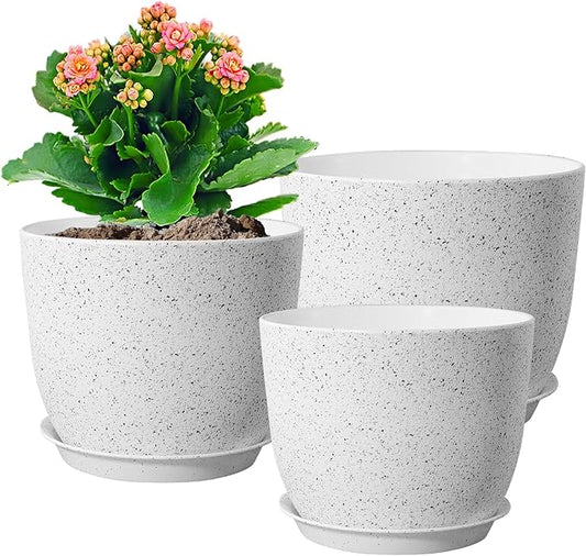 10/9/8 inch Medium Plant Pots, Set of 3 Modern Decorative Plastic Planters with Drainage Holes and Saucers for Garden House Plants, Flower Pots for Indoor Outdoor Plants, Speckled White-HomvellaHome