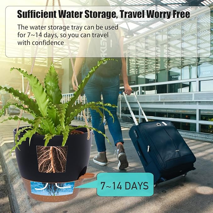 10 Inch Self Watering Hanging Pots, 2 Pack Hanging Planters with 40oZ Deep Reservior for Indoor Outdoor Plants Flowers, Black with Brown-HomvellaHome