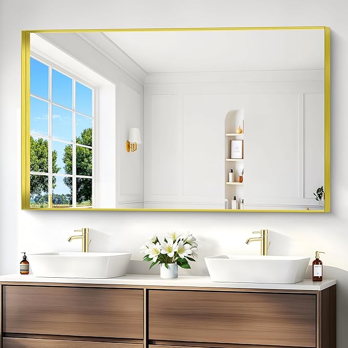 Gold Bathroom Mirror, 36x60 Inch Rectangular Deep Frame Mirror, Large Wall Mounted Bathroom Vanity Mirror Over Sink for Bedroom,Restroom, Living Room, Hangs Vertically or Horizontally-HomvellaHome