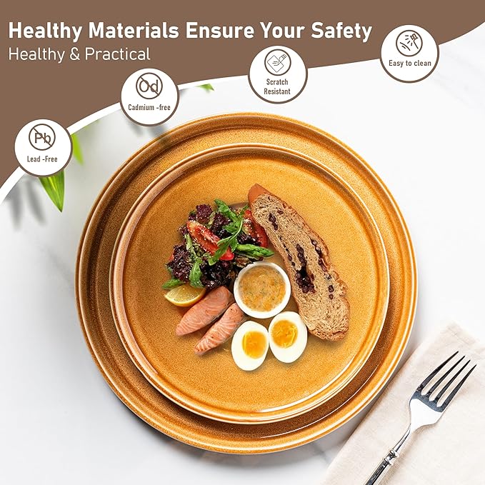 GBHOME Ceramic Dinnerware Sets for 4, 12 Pieces Stoneware Plates and Bowls Sets, Scratch Resistant Dishes, Dishwasher & Microwave Safe, Reactive Glaze-Amber-HomvellaHome