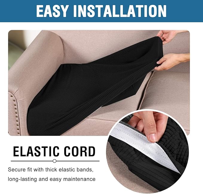 H.VERSAILTEX Super Stretch Individual Seat Cushion Covers Sofa Covers Couch Cushion Covers Slipcover Sets Thick Jacquard Textured Twill Fabric (2 Piece Medium Sofa Cushion Covers, Black)-HomvellaHome
