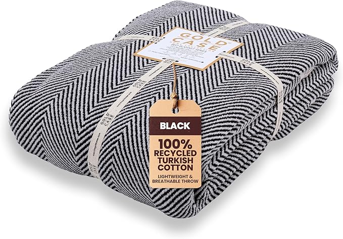 Gold Case Throw Blanket for Bed – 100% Recycled Turkish Cotton Bed Blanket – Decorative Throw Cotton Blankets for Living Room & Bedroom – Elegant Black Woven Queen Blankets – 90x90-HomvellaHome