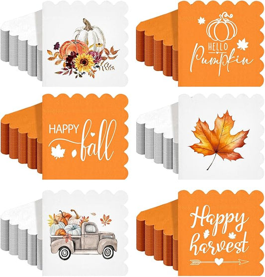 150 Pcs 5 x 5 Inches Fall Thanksgiving Paper Napkins Autumn Pumpkin Scalloped Cocktail Napkins for Decoupage Disposable Autumn Harvest Party Supply Bathroom Table Dessert Dinner Wedding Decor-HomvellaHome