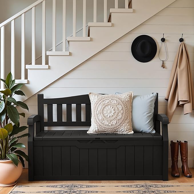 Greesum 80 Gallon Outdoor Storage Bench, Resin Patio Furniture with Armrest,Waterproof and UV-Resistant, Perfect to Garden, Poolside and Lawn, Dark Black-HomvellaHome