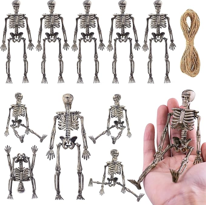 10 Pcs mini skeleton halloween decoration With hemp rope，6”small plastic posable halloween tiny skeleton figurines decor for Halloween Indoor Outdoor Graveyard Decor Haunted House Party Favors-HomvellaHome