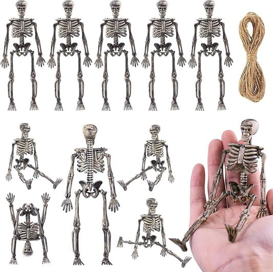 10 Pcs mini skeleton halloween decoration With hemp rope，6”small plastic posable halloween tiny skeleton figurines decor for Halloween Indoor Outdoor Graveyard Decor Haunted House Party Favors-HomvellaHome