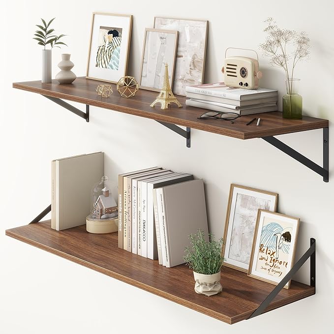 12 Inch Deep Floating Shelves,48W x 12D Floating Shelves, Deep Wall Shelves Bracket Set of 2, Large Display Floating Shelf for Bathroom, Living Room, Wide Storage Wooden Wall Shelf, Walnut-HomvellaHome