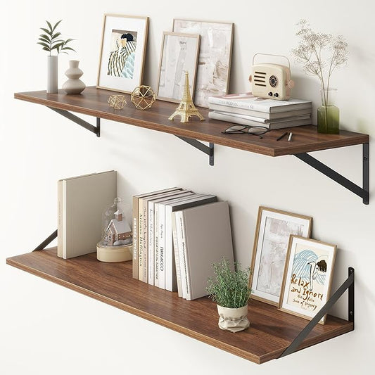 12 Inch Deep Floating Shelves,48W x 12D Floating Shelves, Deep Wall Shelves Bracket Set of 2, Large Display Floating Shelf for Bathroom, Living Room, Wide Storage Wooden Wall Shelf, Walnut-HomvellaHome