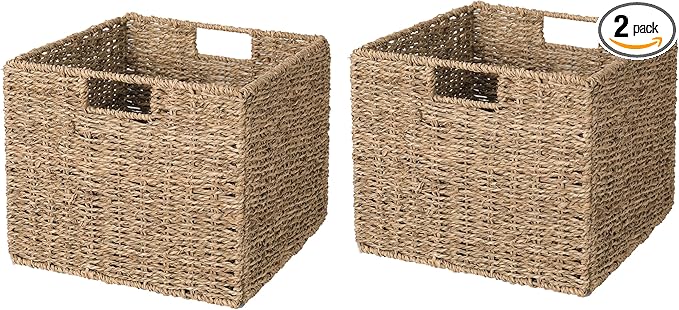 12x12x10in Seagrass Storage Baskets Set of 2, Large Wicker Storage Basket, Decorative Seagrass Shelf Basket, Pantry Baskets Organization,Folding Storage Cube Bins-HomvellaHome